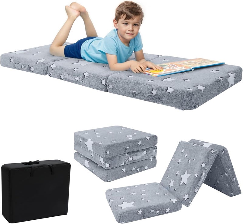 Glow Star Kids Foldable Floor Mattress Mat with Carry Bag, 3-in-1 Tri-Fold Futon, Soft Plush Glow Cover, Portable for Travel, Grey 63x26 Inch